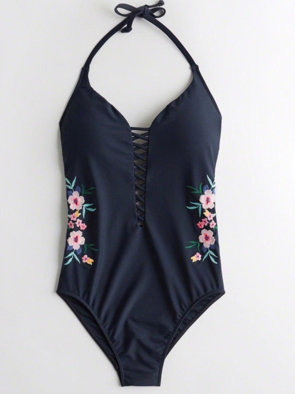 Hollister Black Floral Embroidered One-Piece Swimsuit Size Large